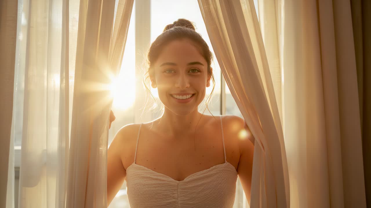 Divaricazione delle tende, donna con chignon e top bianco in casa che mostra la calda luce del sole attraverso tende velate