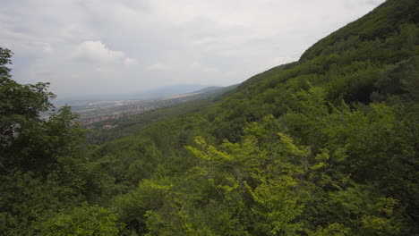 A-view-from-above-in-the-mountain,-everything-is-green,-a-forest-and-a-small-village-in-the-distance