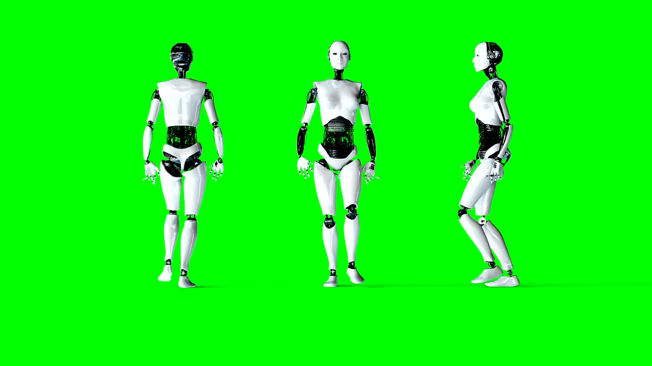 미래의 휴머노이드 여성 로은 걸어다니며 현실적인 움직임과 반사, 4k 녹색 스크린 영상을 보여줍니다.