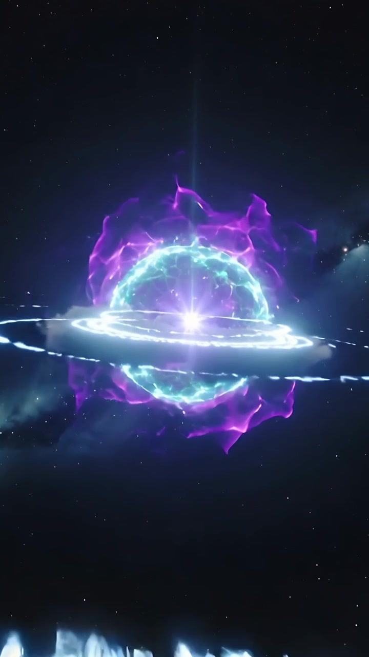 Video verticale: Sfera turchese pulsante che appare, emettendo un raggio sulle nuvole e creando anelli viola.