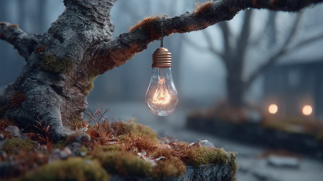 A Glowing Lightbulb Hangs Elegantly from a Twisted Tree Branch in a Misty Forest, Casting Warm Light on the Surrounding Moss and Ground