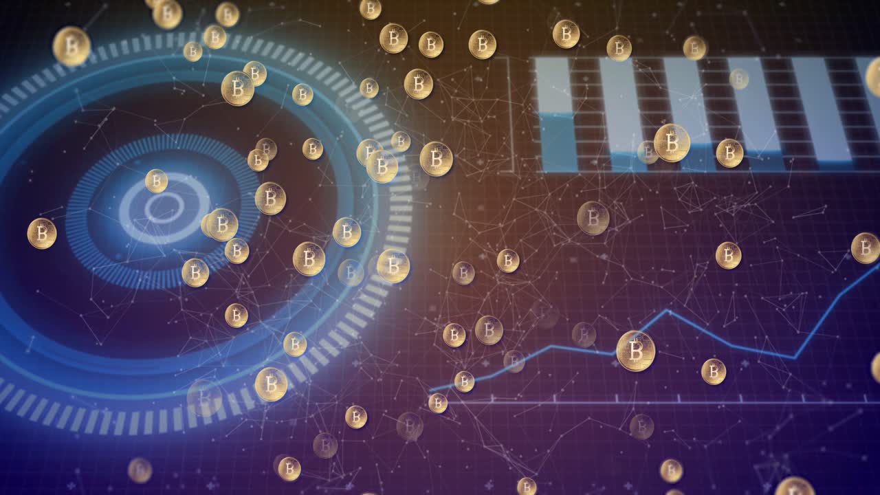 HUD circolare olografico pulsante con token B dorati che entrano dall'alto a destra, mostrando un afflusso di mercato