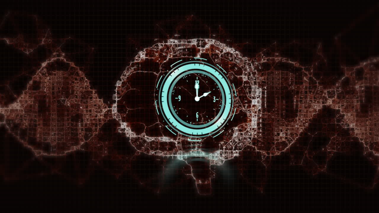 Animation of moving clock over dna strand with digital brain and purple shapes on black background