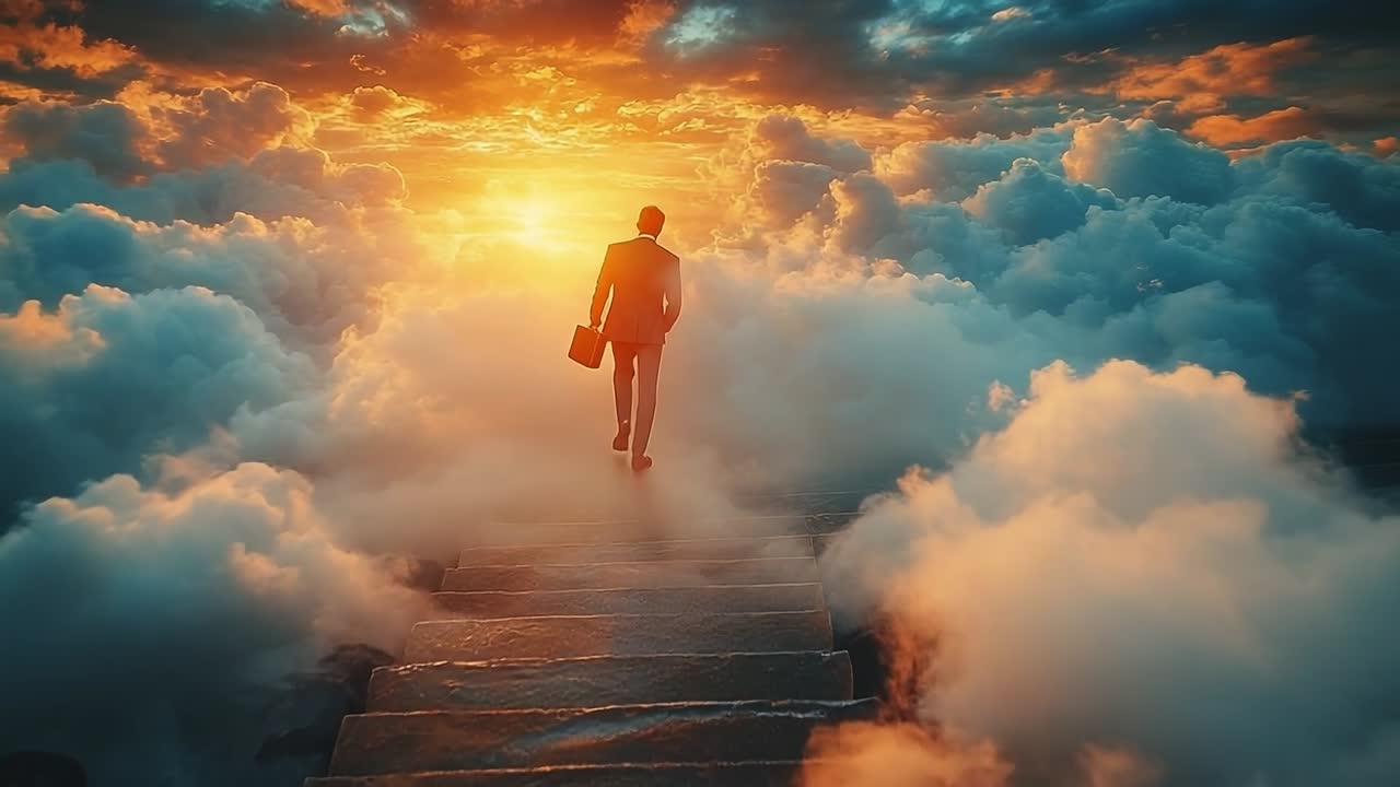 Man walking to sunset clouds. A man in a suit ascends steps into colorful clouds at sunset, evoking a surreal, peaceful vibe.