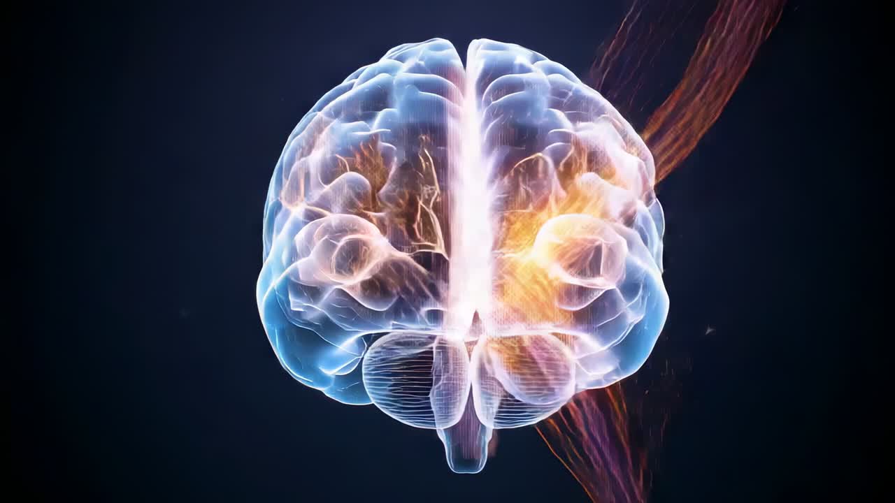 Panning camera moving clear 3D brain, rotating in dark gradient and highlighting tracts
