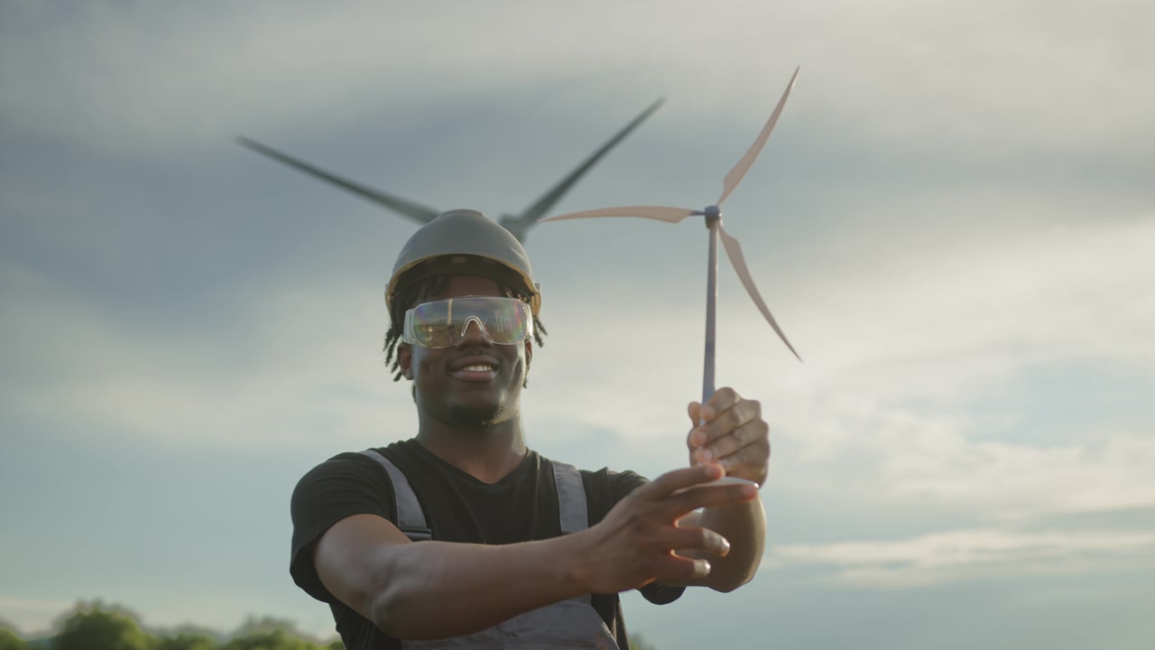 Pria berseragam keselamatan memeriksa bilah turbin angin dengan latar langit berawan melambangkan energi terbarukan