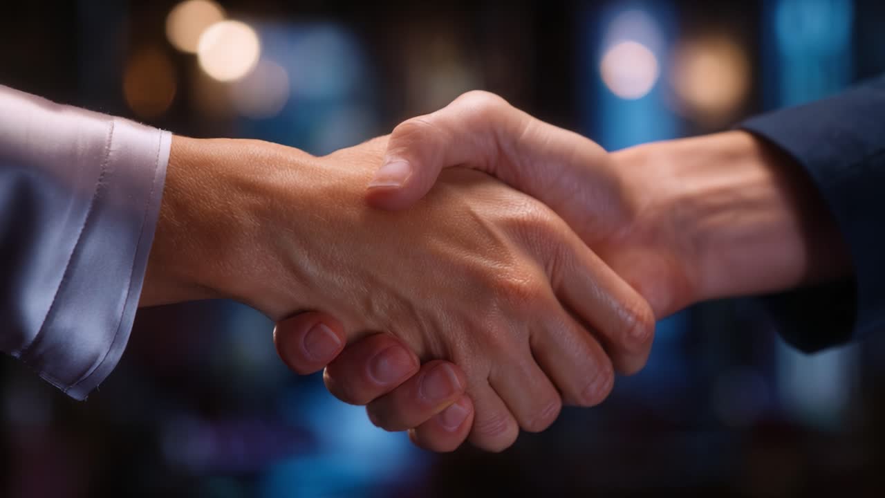 Unity in Action: Two Hands Engaged in a Firm Handshake Symbolizing Agreement, Partnership, and Collaborative Efforts in a Professional Environment or Relationship