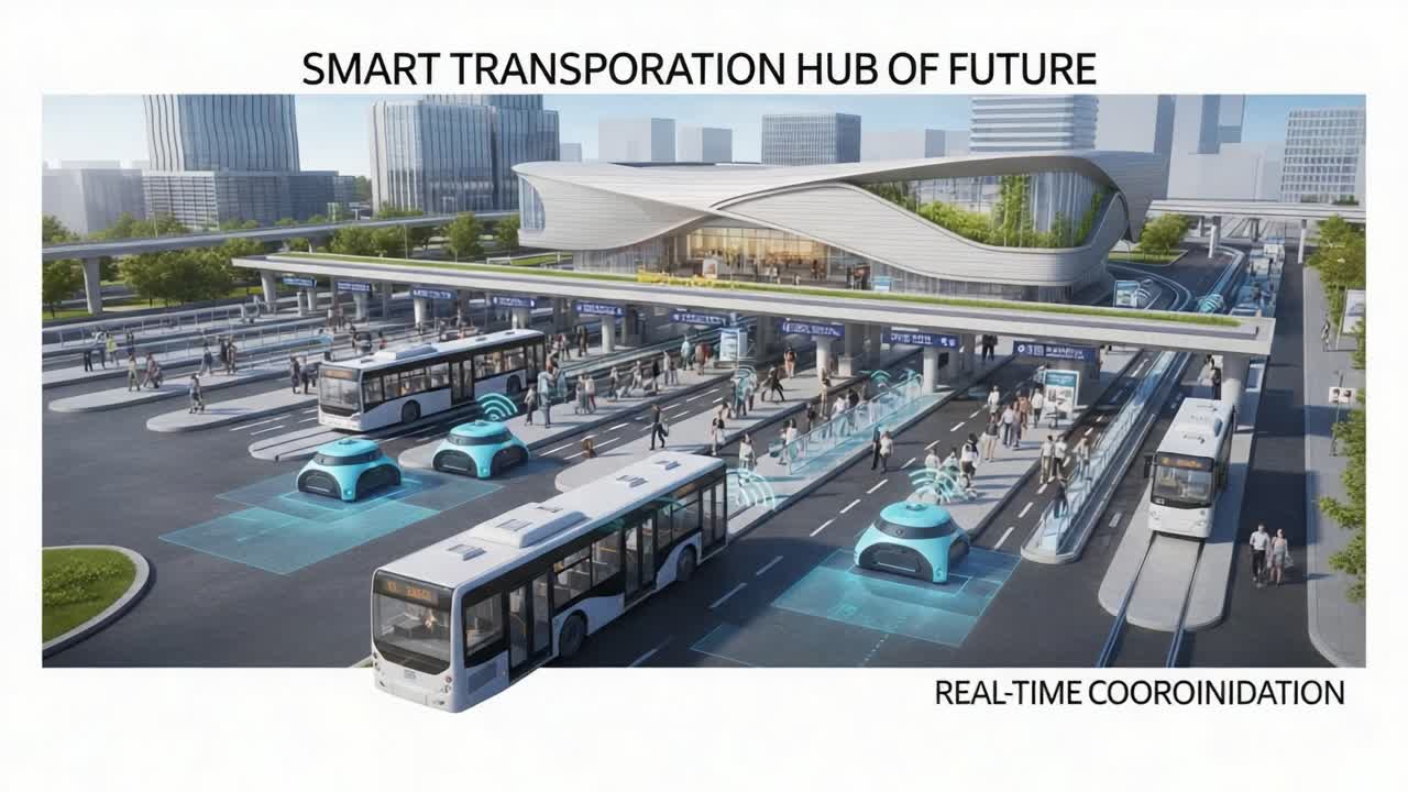 Innovative Smart Transportation Hub of the Future Featuring Advanced Technology and Real-Time Coordination for Efficient Public Transit and Mobility Solutions
