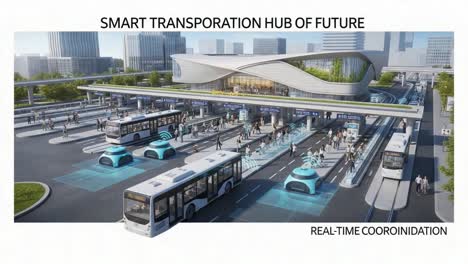 innovative smart transportation hub of the future featuring advanced technology and real-time coordination for efficient public transit and mobility solutions