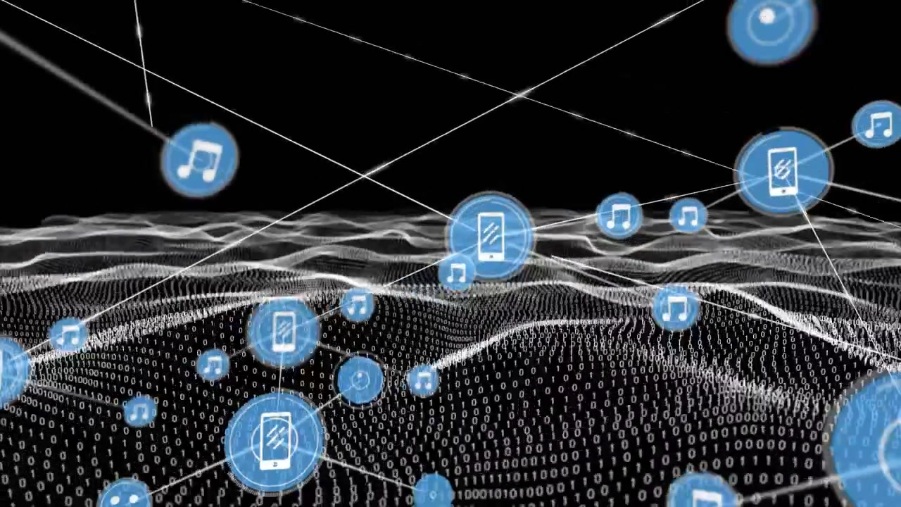 Animation of network of connections with icons over binary coding mesh on black background