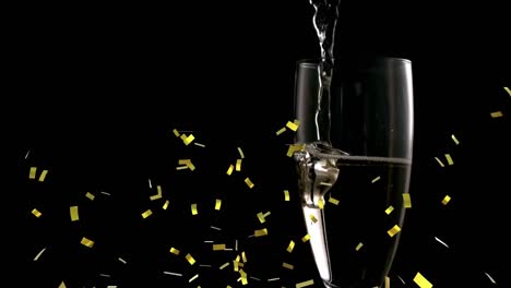 Animation-Von-Goldenem-Konfetti,-Das-über-Champagner-Fällt-Und-In-Glas-Auf-Schwarzem-Hintergrund-Strömt