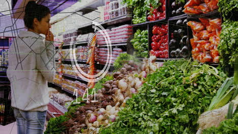 shopping for fresh vegetables, woman using digital animation in grocery store
