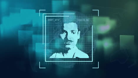 animation of data processing with people portraits over globe and shapes on blue background