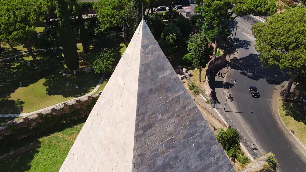 Geometric symmetry of ancient Pyramid of Caius Cestius, by cypress trees, Rome