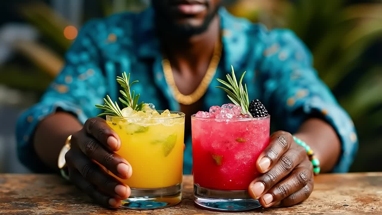 A man holding two glasses of drinks on a table