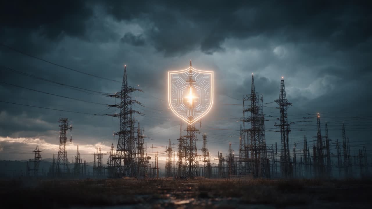 A captivating transformation of an industrial landscape featuring towering power lines and an illuminated shield symbol, projecting a sense of strength and security in a stormy backdrop