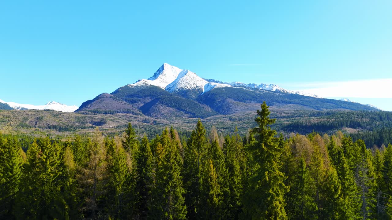 Ripresa aerea cinematografica con drone dell'iconica vetta Kriváň che si erge sopra una fitta foresta negli Alti Tatra, Slovacchia. Movimento fluido sopra le cime degli alberi con montagne innevate e cielo azzurro limpido, ideale per viaggi e.