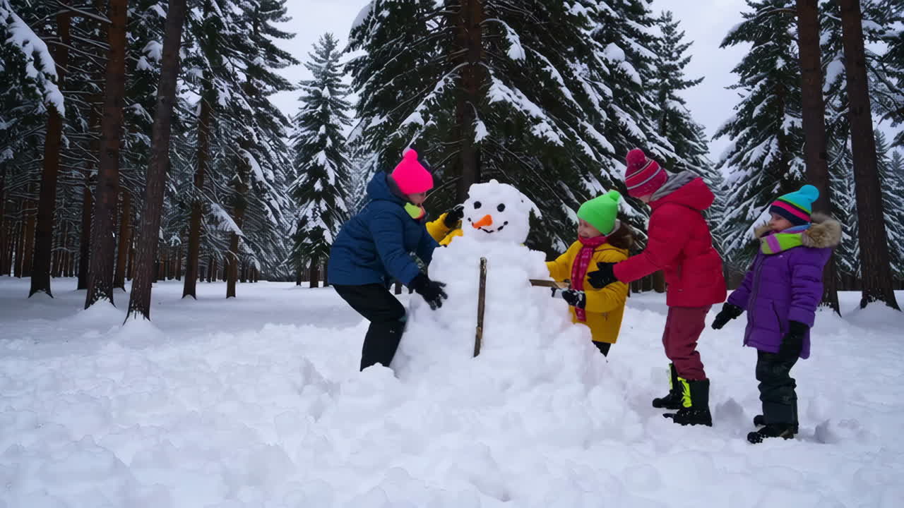 Children building a snowman in a snowy forest