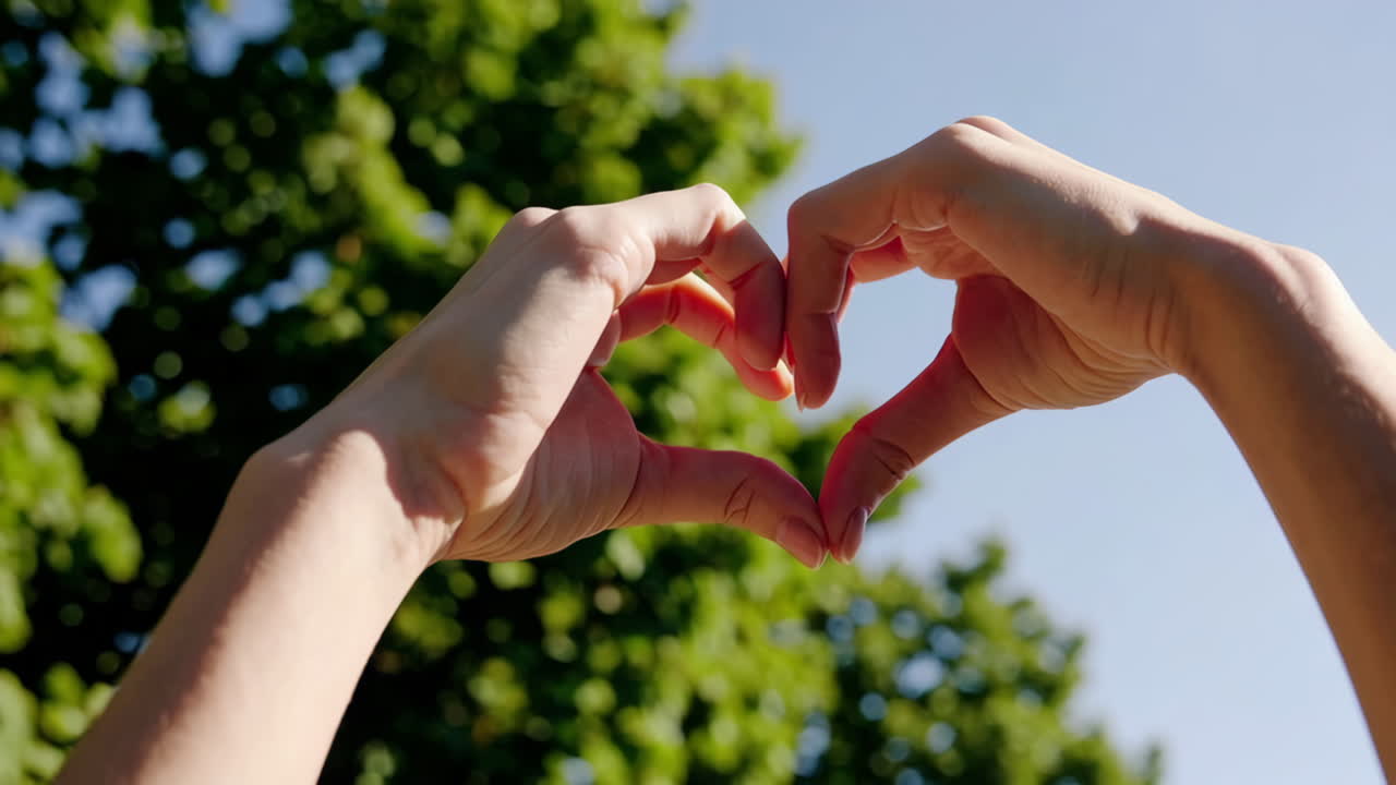 Hands forming a heart shape against a natural background