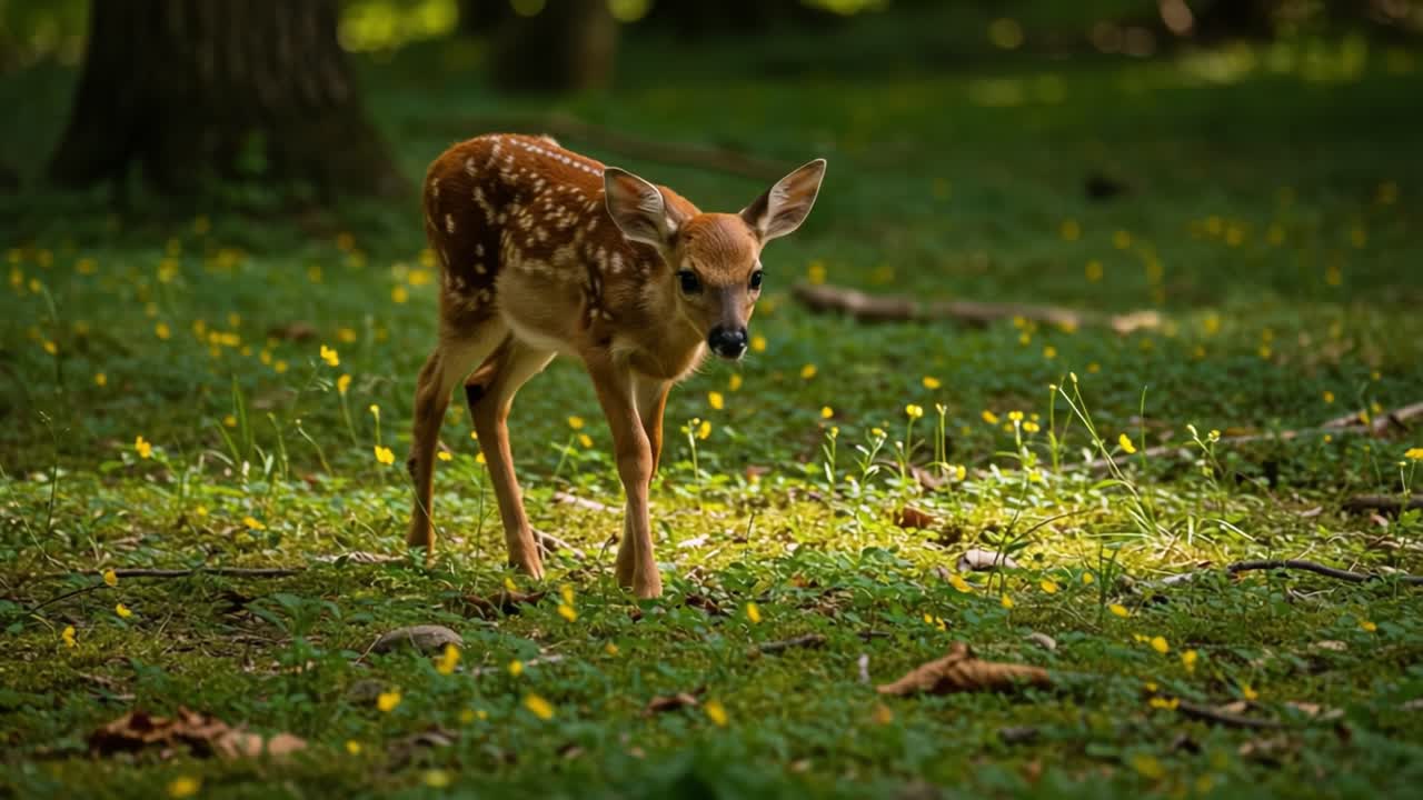 Młody jelonek odkrywający swoje naturalne środowisko w słonecznym lesie, uchwycający esencję dzikiej przyrody i piękna natury.