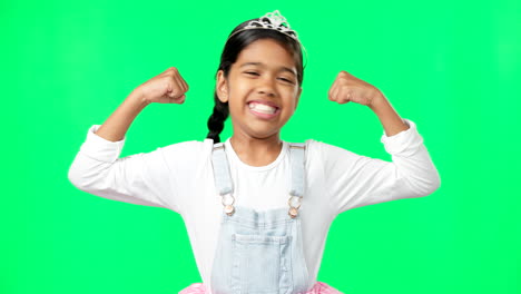 fuerte, flexión muscular y la chica en la pantalla verde