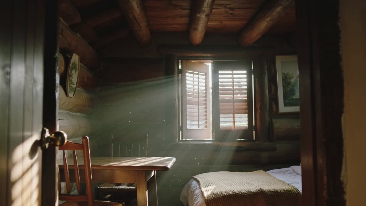 Sol en movimiento proyectando rayos a través de una pequeña ventana en el dormitorio de una cabaña, iluminando motas de polvo y la cama
