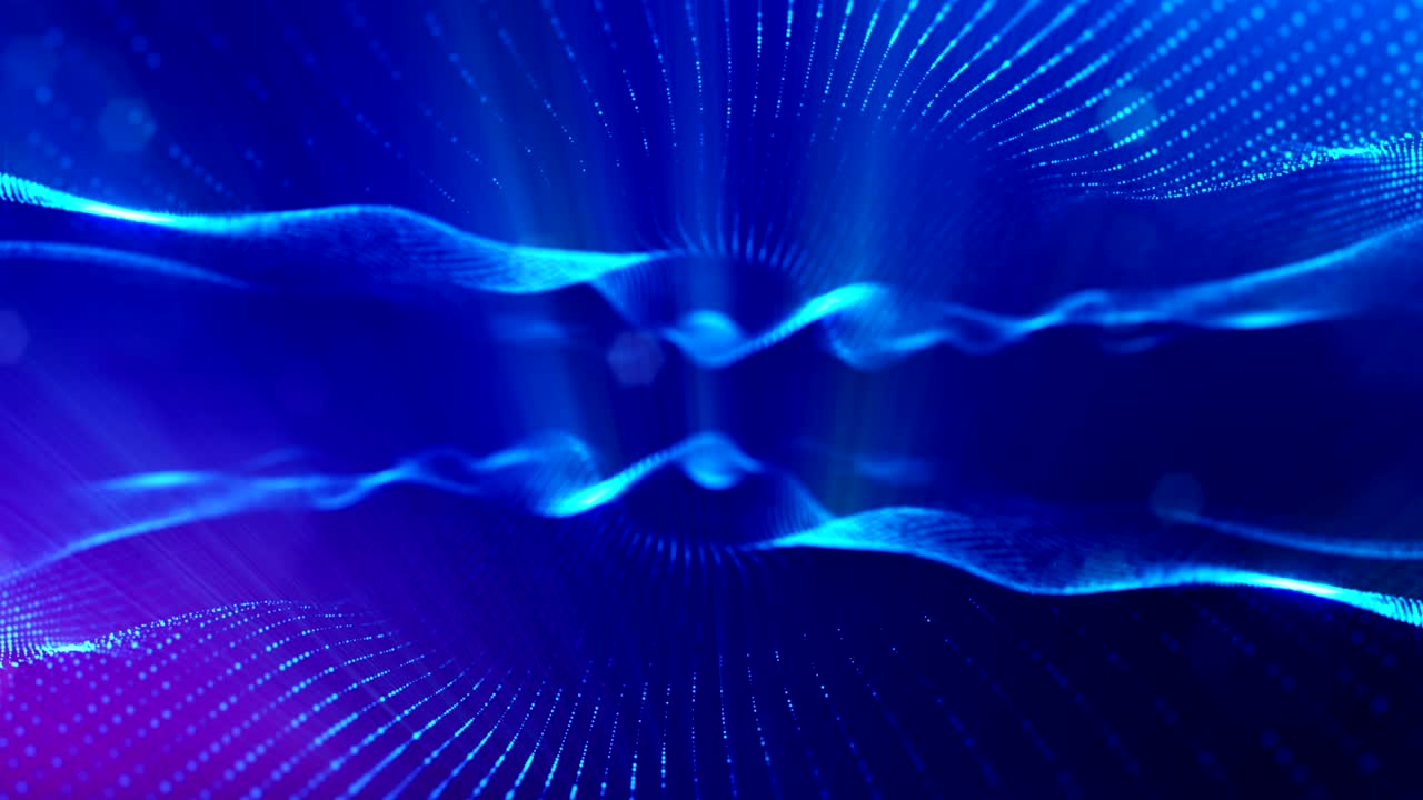 animación de bucle 3d como fondo de ciencia ficción de partículas brillantes con profundidad de campo y bokeh para bucle vj. las partículas forman línea y cuadrícula de superficie. v2 azul con rayos de luz