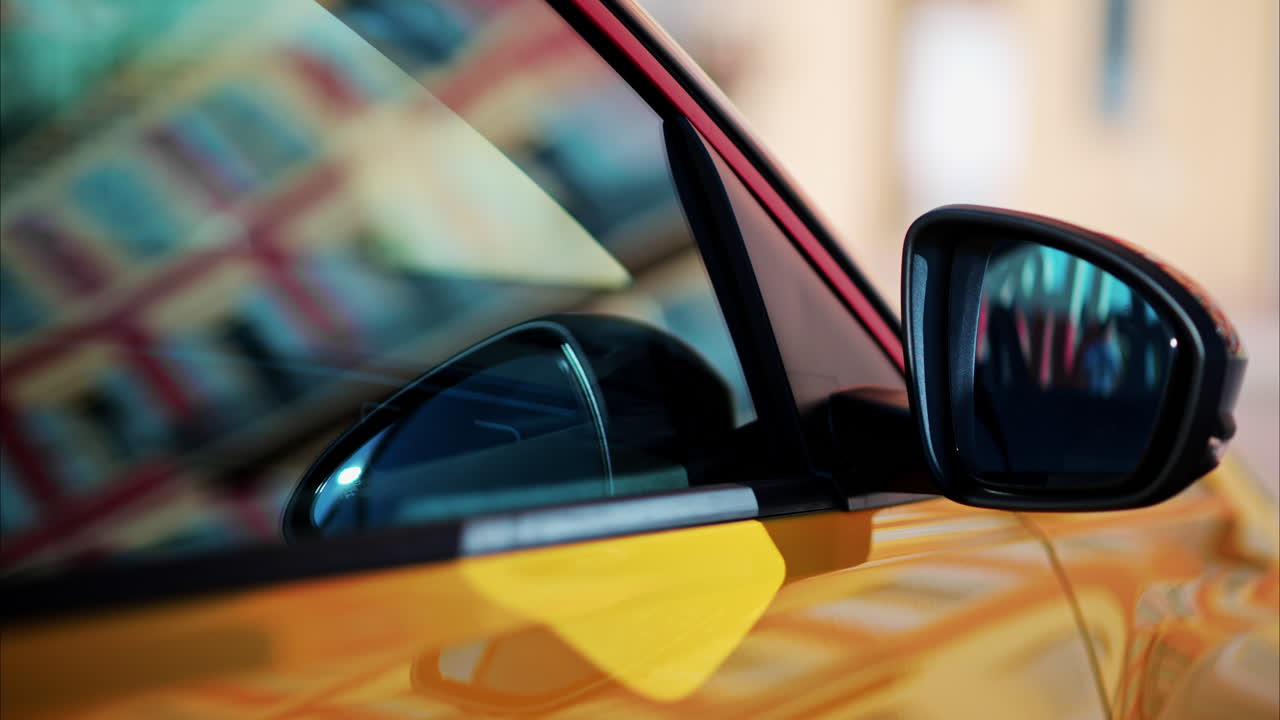 Close up view of the side of a yellow car on the street