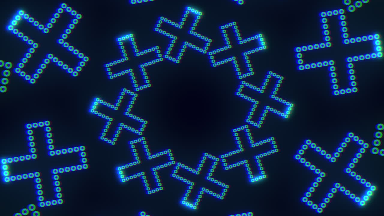 매혹적인 파란색 십자가가 빛나는 원형 패턴을 형성합니다.