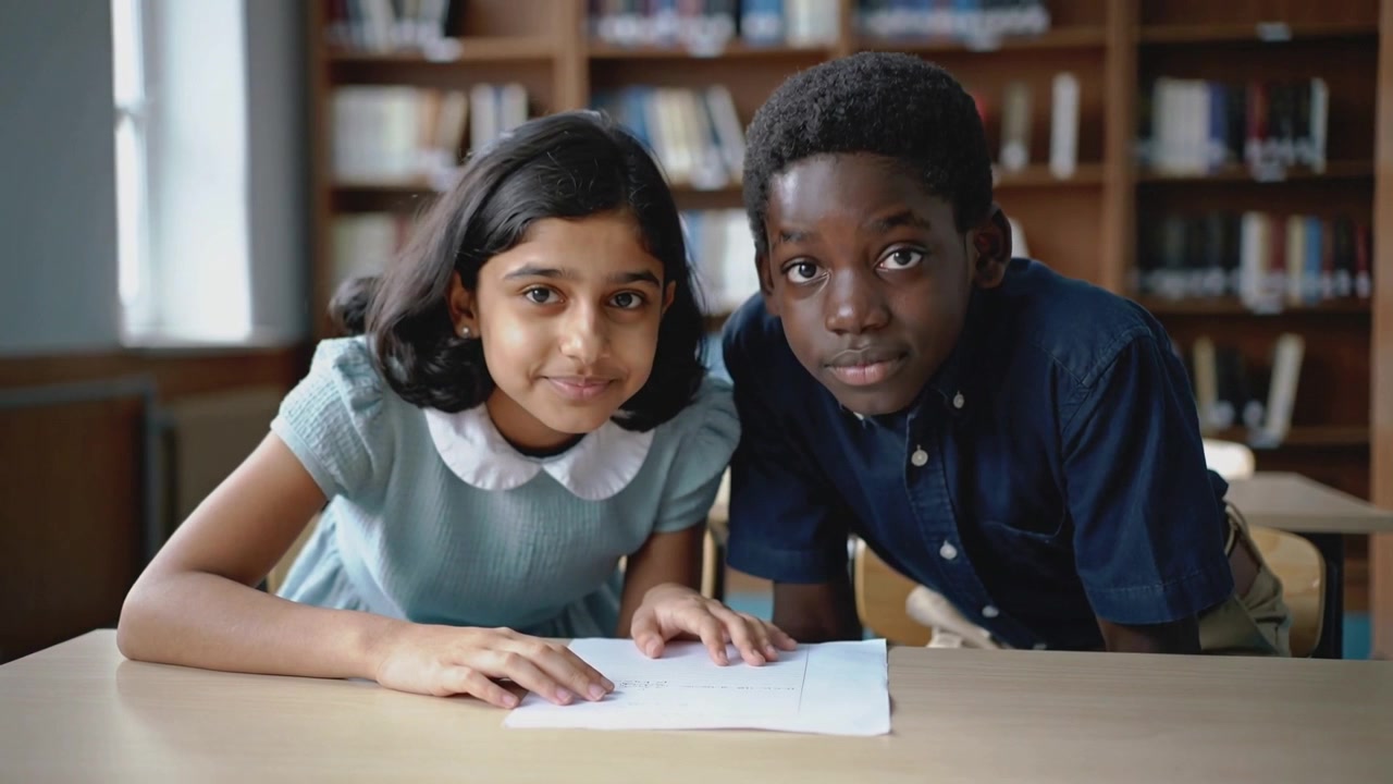 Finding paper, girl in blue dress and boy in navy reading paper in library for schoolwork