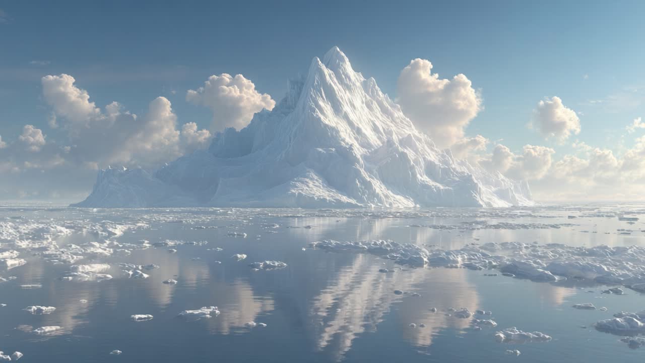 Majestic Iceberg Reflections in Clear Waters: A Stunning Visual of Nature's Grandeur Amidst Calm Skies and Floating Ice in the Serene Arctic Landscape