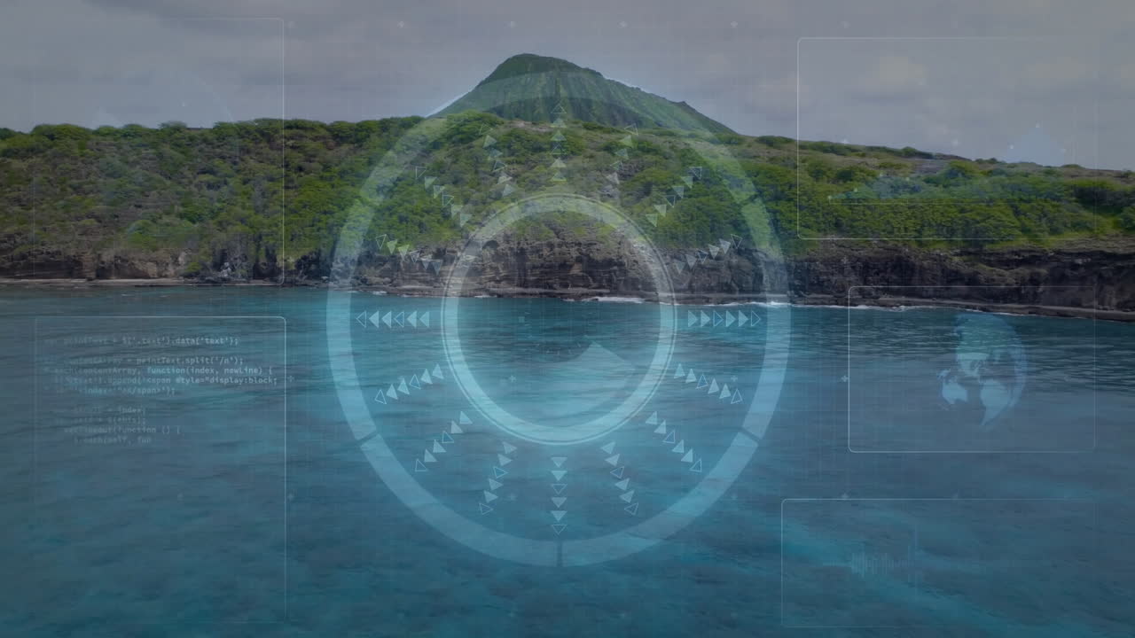 Displaying translucent HUD interface overlaying coastal seascape with reticle and radial arrows