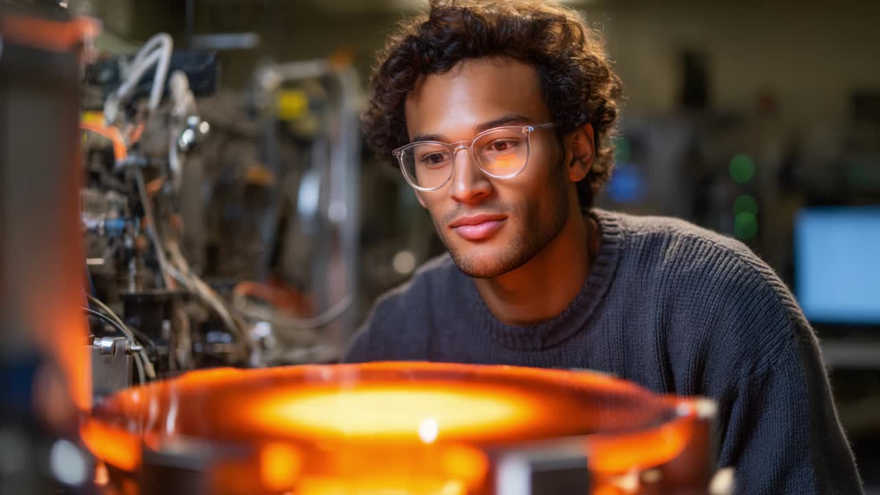A focused young man observing a glowing apparatus in a laboratory setting, showcasing an intense interest in science and technology during a research experiment with advanced equipment