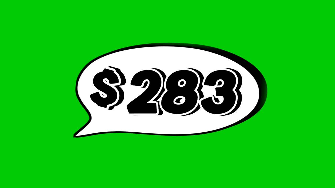 Green screen animation of a "$283" price in a speech bubble. Perfect for sales, ads, or promo videos. Easy to use and customize in your projects video element