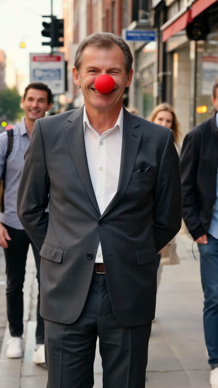 Smiling man in a suit with a red clown nose walking on a city street