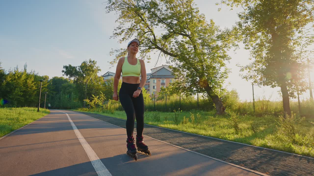 Woman Rollerblading in a Park at Sunrise