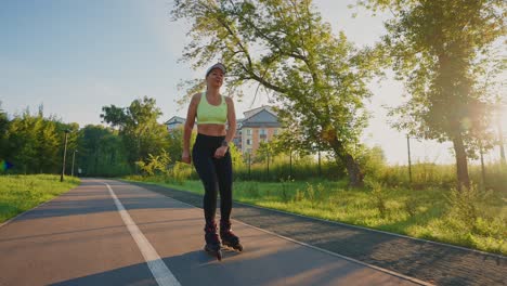 woman rollerblading in a park at sunrise