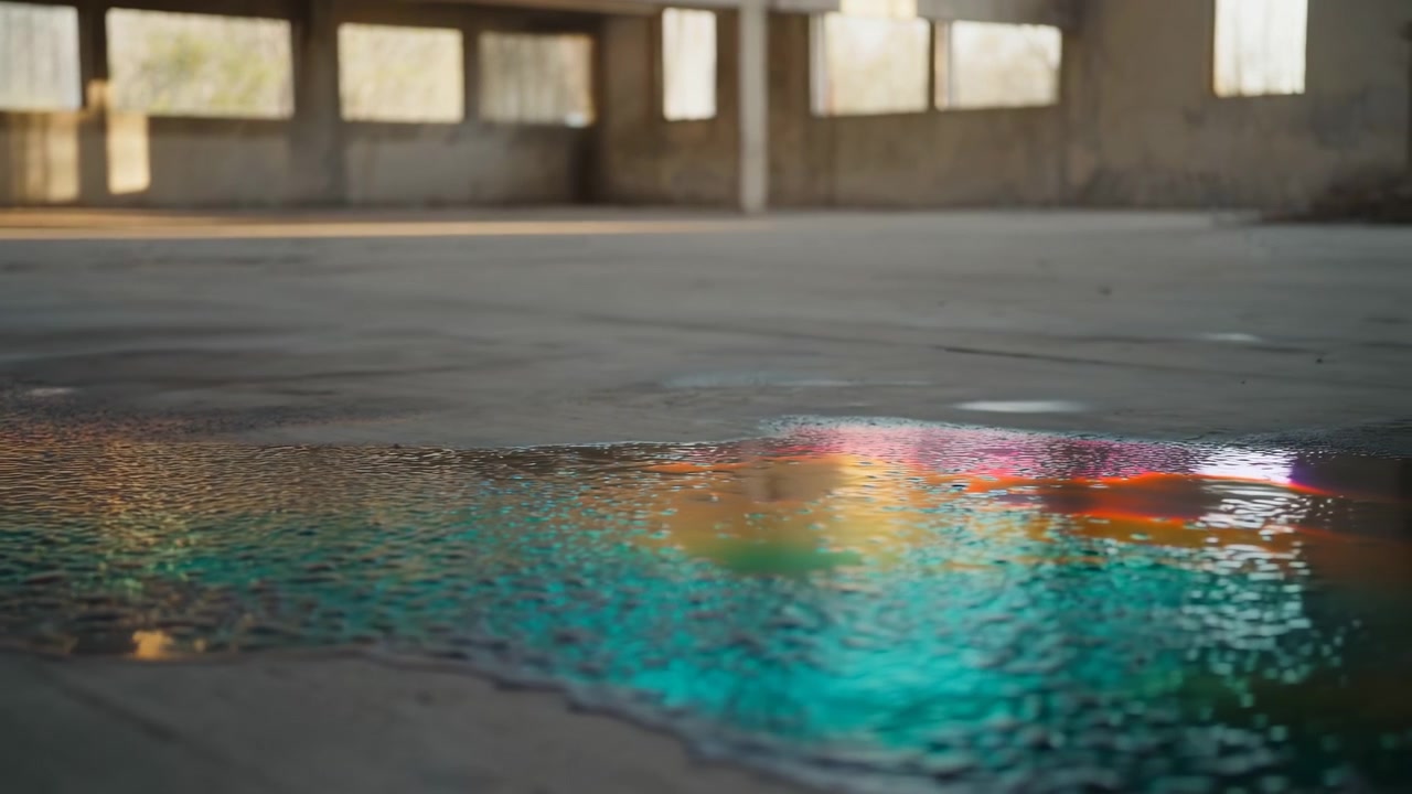 Transformación del reflejo del suelo de un almacén vacío, en un interior industrial con grandes ventanas, desde una perspectiva cenital, con acentos grises y azules