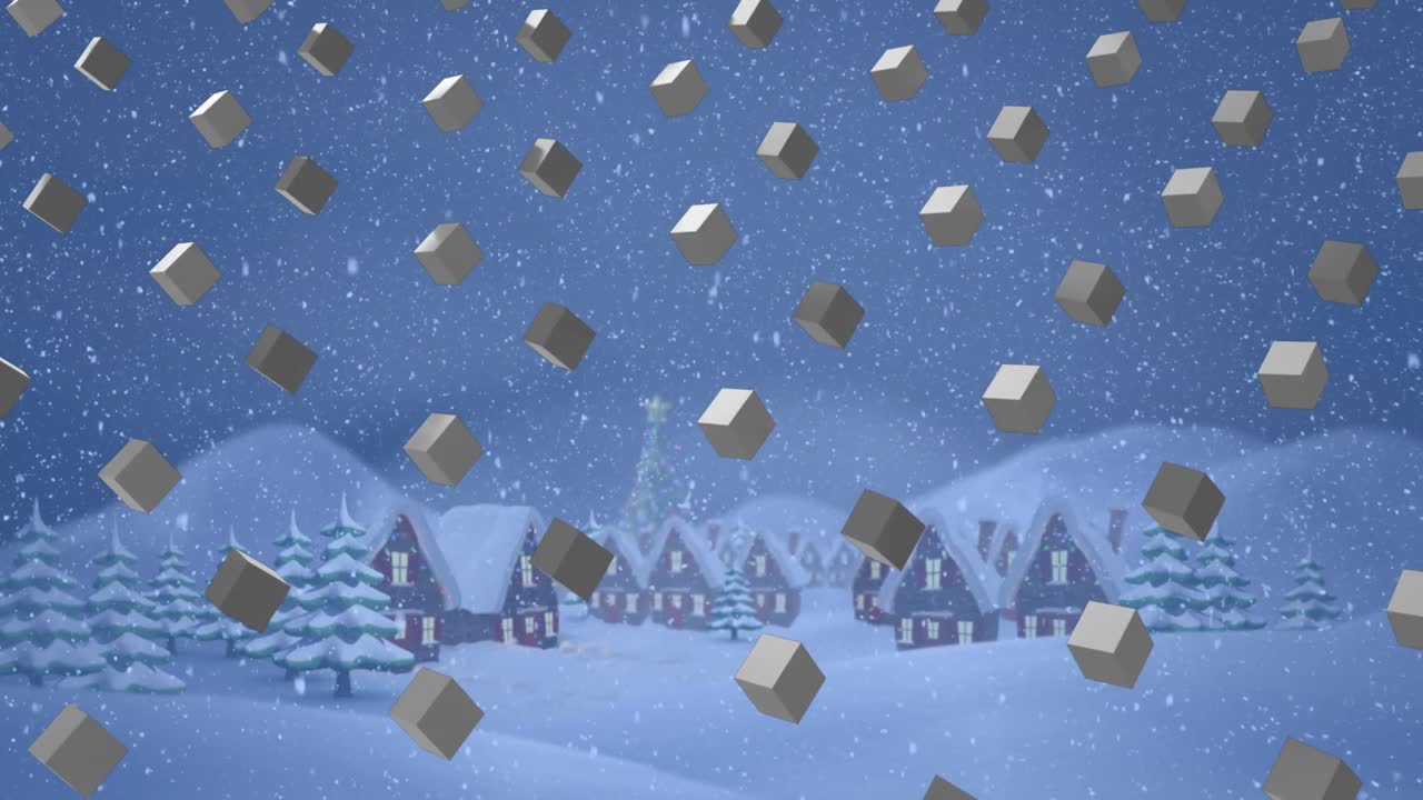 큐브 패턴과 크리스마스 눈이 겨울 풍경 위에 떨어지는 줄의 애니메이션
