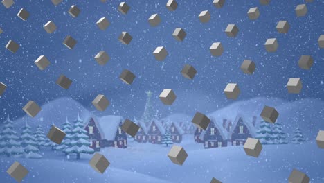 Animation-of-rows-of-cubes-pattern-and-christmas-snow-falling-over-winter-scenery