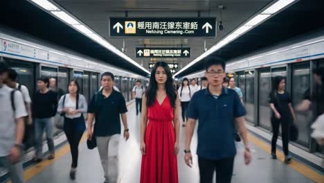 woman in red dress on a busy subway platform
