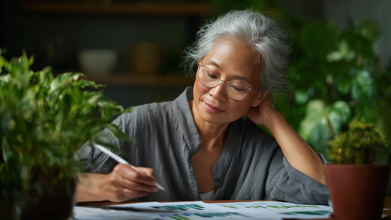 Reflective and Creative: An Elderly Woman Engaging in Artistic Expression While Surrounded by Lush Green Plants, Highlighting the Beauty of Nature and the Joy of Creative Pursuits in a Serene Setting