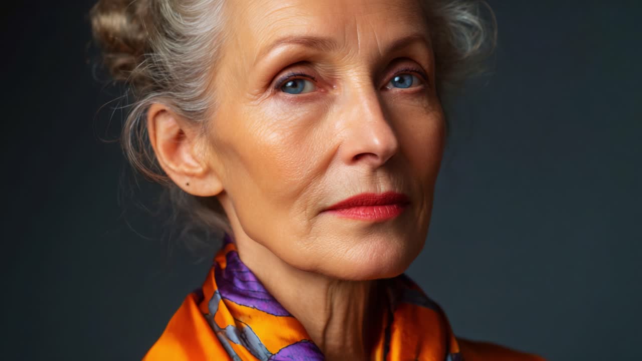 Captivating Portrait of an Elegant Older Woman with Graceful Features and Stunning Scarf, Showcasing Timeless Beauty and Poise in an Artistic Close-Up