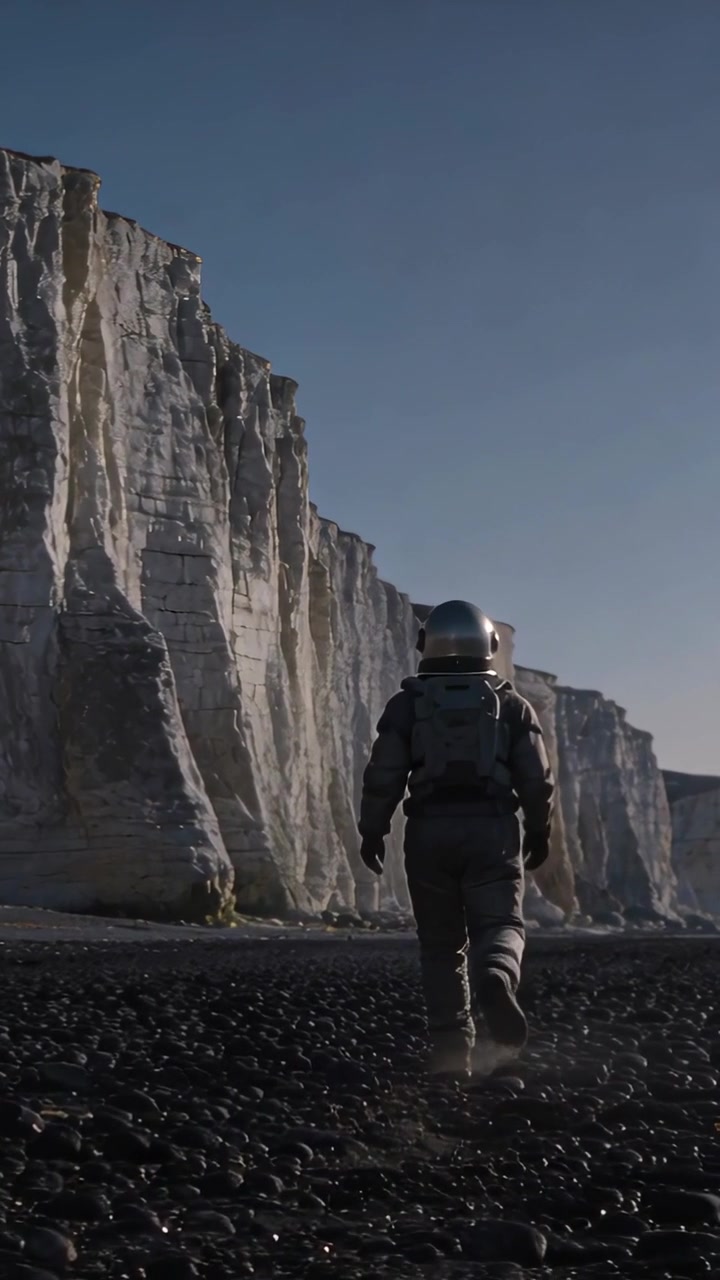 Vertical video: Kicking rocks, suited explorer walking to cliffs to explore terrain, visor and pack