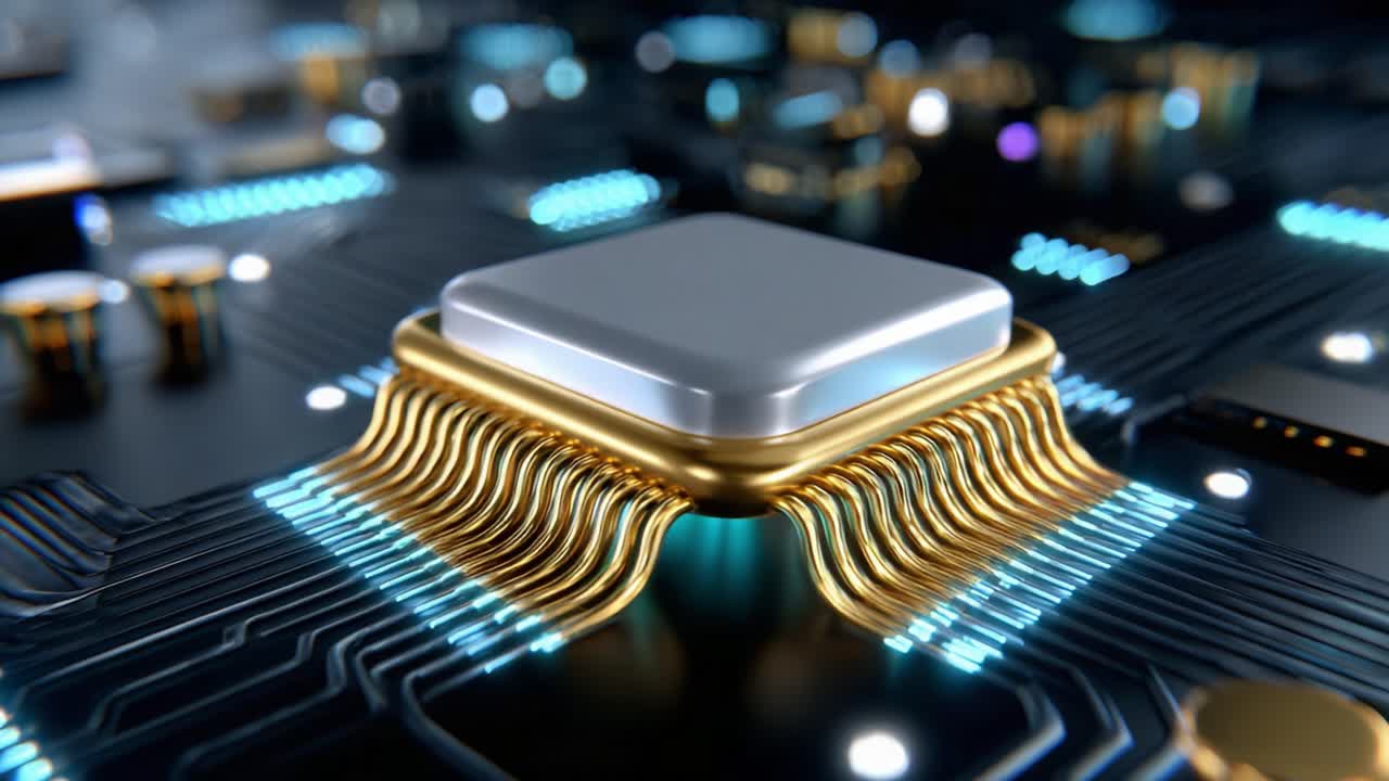 Close-up View of a High-Performance Microprocessor on a Modern Circuit Board, Featuring Elaborate Gold Contacts and Intricate Wiring Design, Emphasizing Advancements in Technology and Miniaturization