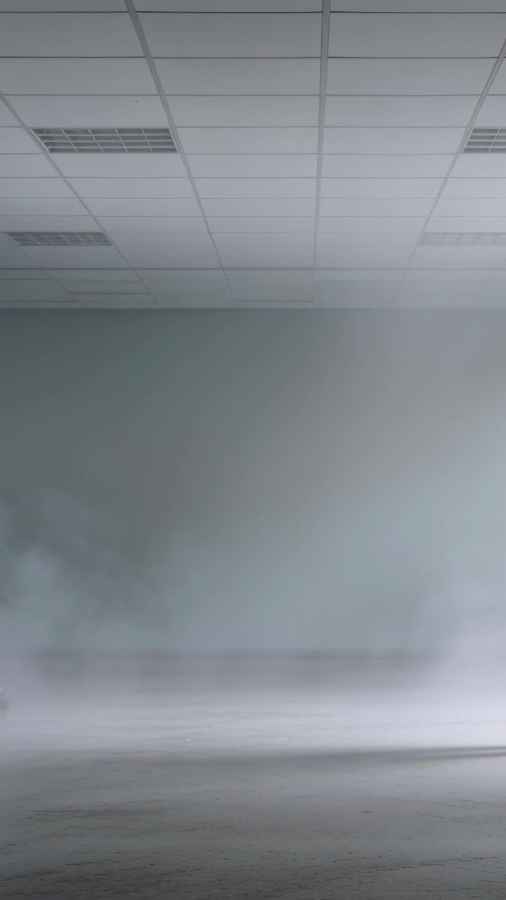 Vertical video: Thickening low-lying fog band drifting across empty room under drop ceiling grid