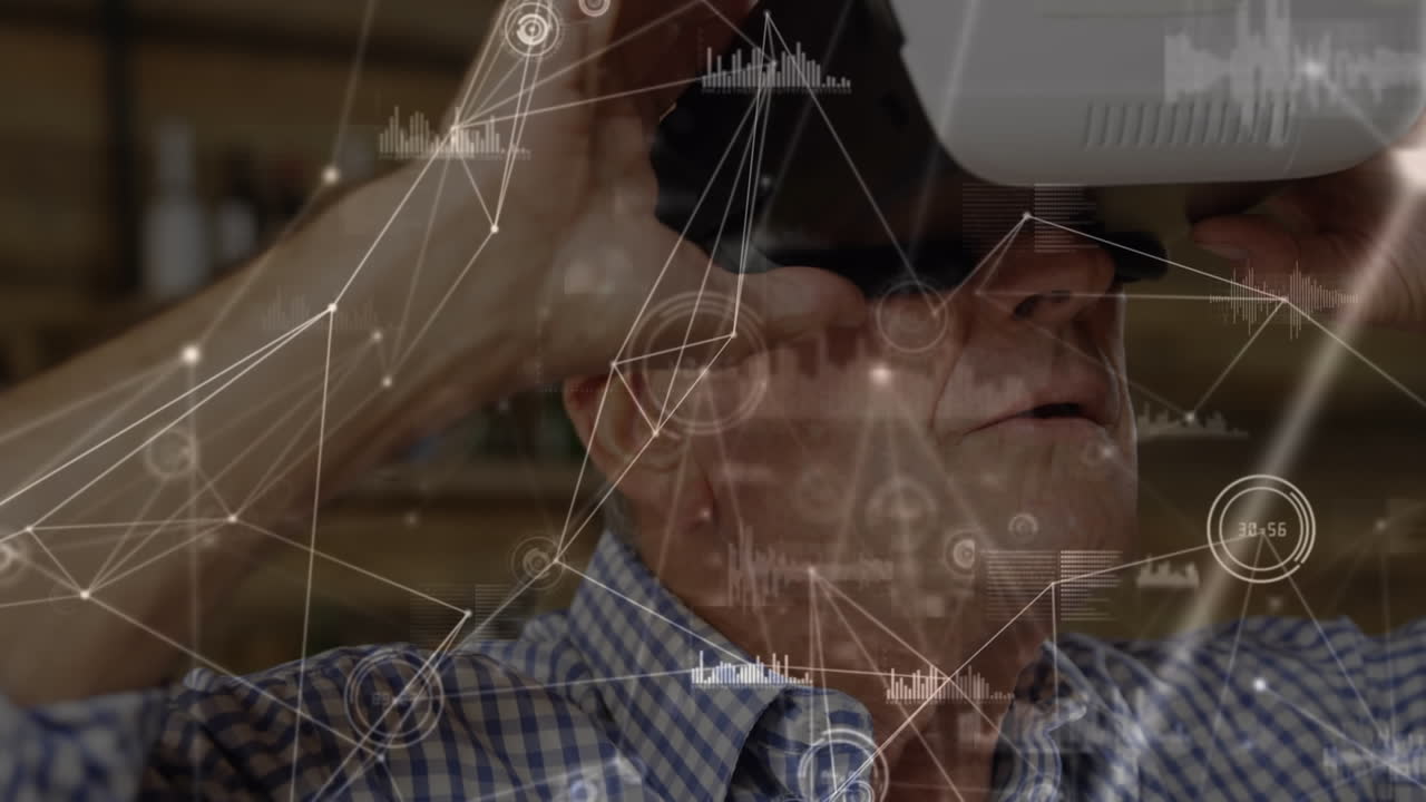 연결 네트워크의 애니메이션과 vr 헤드 ⁇ 을 착용하는 사업가에 대한 통계