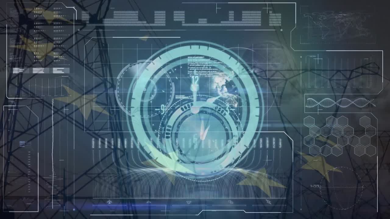 animación de diversos datos, reloj y bandera de la unión europea sobre el poste eléctrico al anochecer