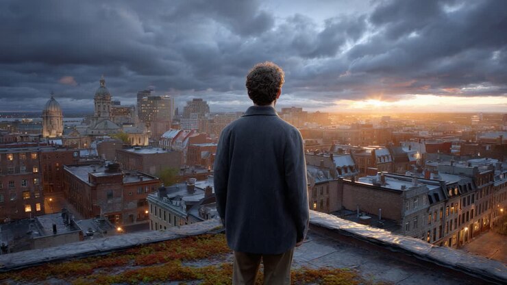 Una figura contemplativa osserva un vivace paesaggio urbano mentre il sole tramonta, proiettando tonalità dorate sui tetti e trasformando lo skyline in una vista pittoresca