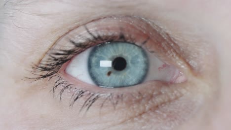 macro cerrar el ojo humano azul turquesa parpadeando y mirando a la cámara